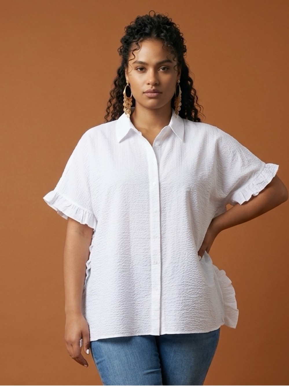 NWT Harshman Women’s Darcy White Seersucker Ruffle Blouse Top Oversized- M